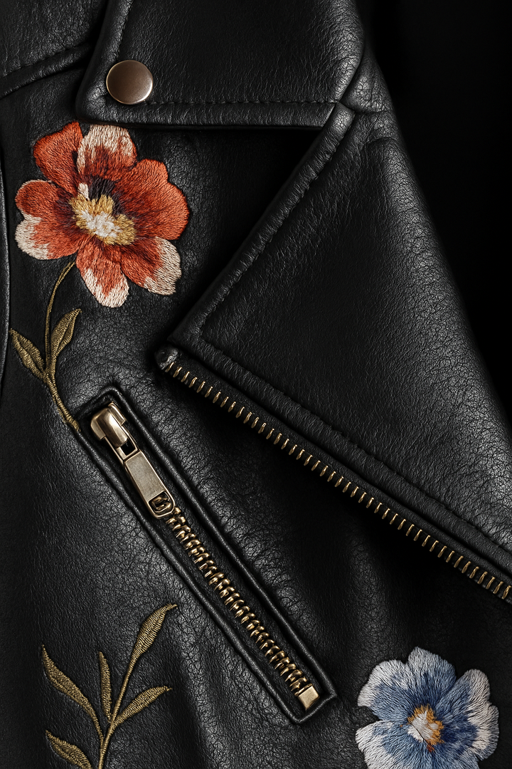 Textura de polipiel en chaqueta negra de mujer, con bordado floral. Ideal para otoño e invierno.