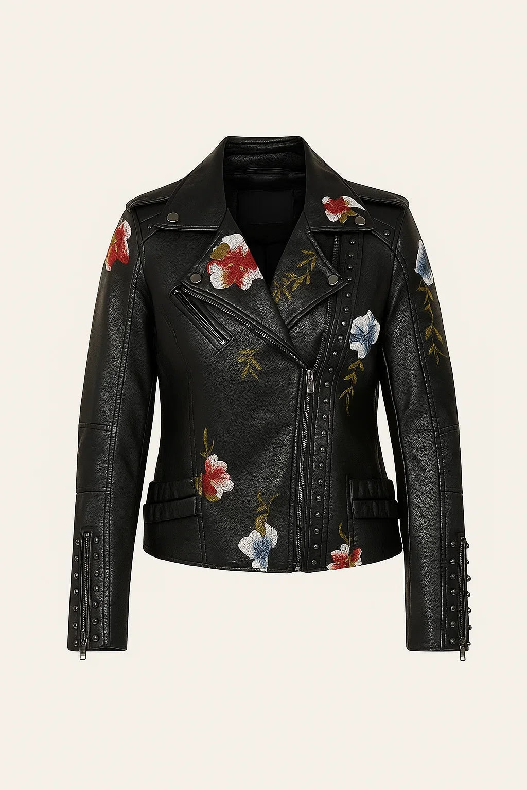 Moderna chaqueta de polipiel blanca para mujer, con delicado bordado floral en la espalda. Ropa exterior elegante.