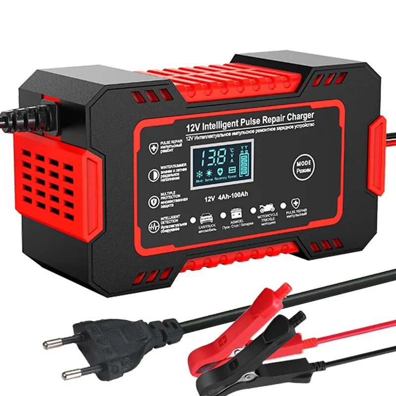 Cargador de batería inteligente 12V 6A con pantalla LCD para coche y moto. Repara y mantiene baterías.