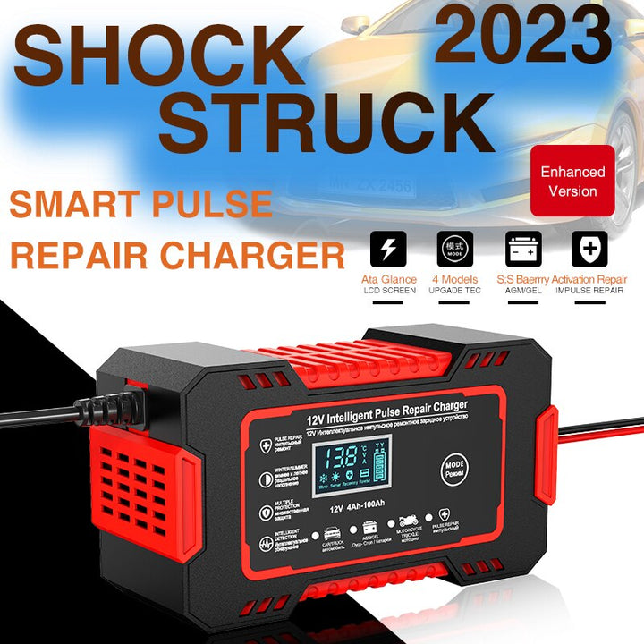 Cargador de batería 12V 6A con pantalla LCD para carga rápida y mantenimiento de baterías de coche y moto.