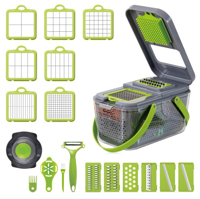 Picador y rallador de verduras 18 en 1, práctico para frutas. Cortador multifuncional para preparación rápida en cocina.