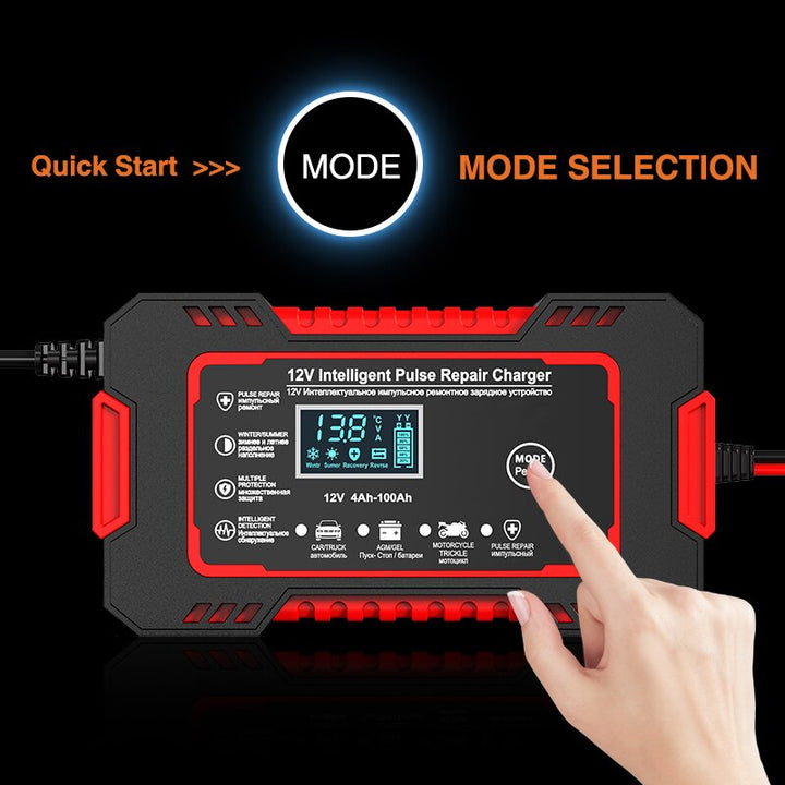 Cargador de batería inteligente 12V 6A para mantenimiento óptimo de baterías de coche, moto y vehículos.