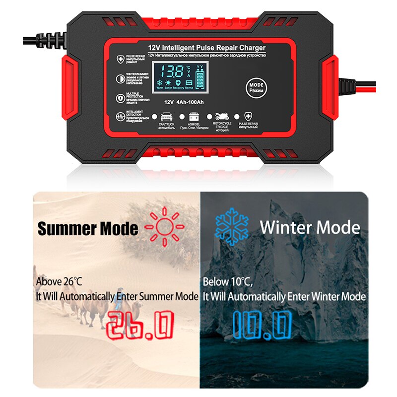 Cargador de batería compacto 12V 6A con LCD y función de reparación de pulso para baterías de coche.