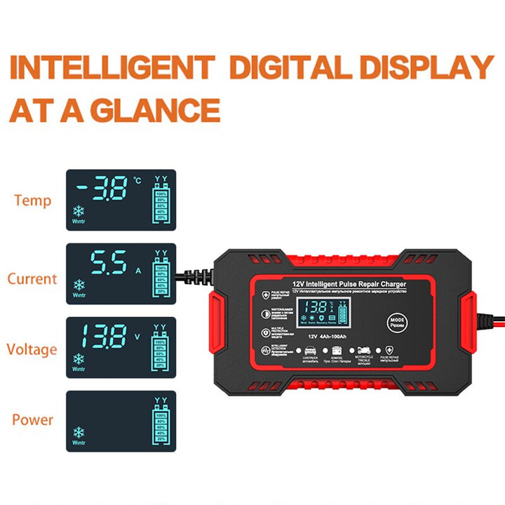 Cargador automático 12V 6A con display LCD para baterías de motocicleta y automóvil. Carga y repara.