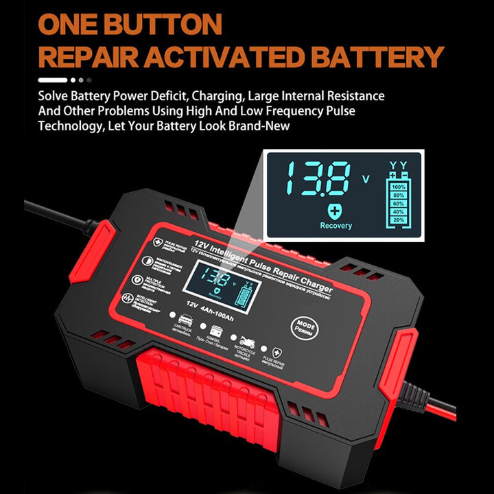 Cargador de batería 12V 6A con reparación de pulso y carga rápida para mantenimiento de coche y moto.
