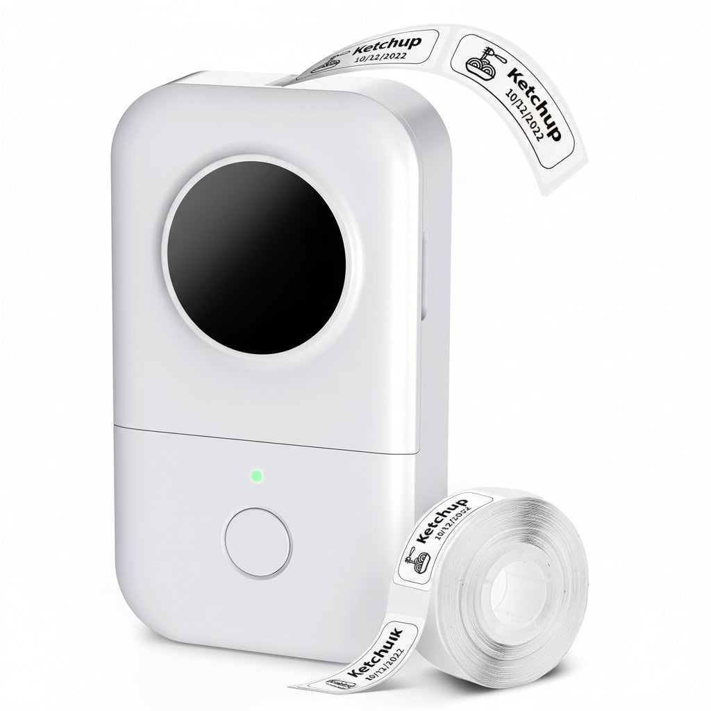 Mini impresora de etiquetas térmica inalámbrica Bluetooth, sin tinta, ideal para organización de hogar y oficina.