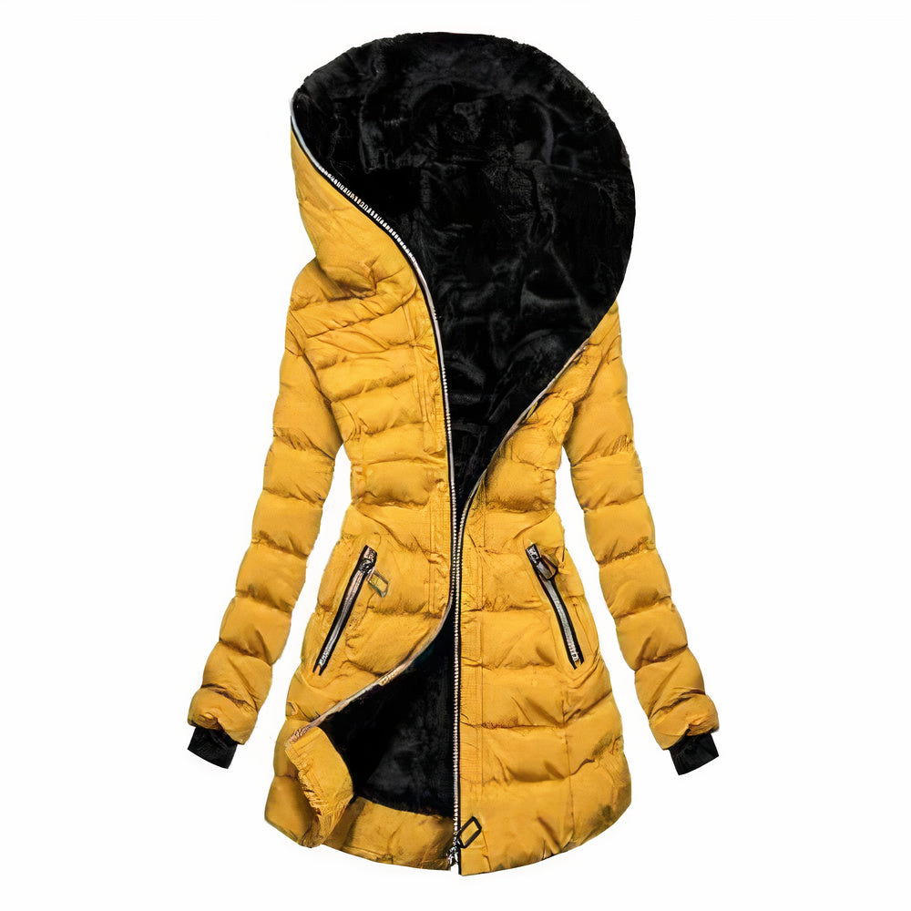 Parka de mujer cálida y elegante, diseño trasero con cordón ajustable que realza la silueta de moda.