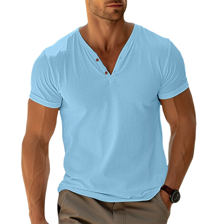 Camiseta LENO de hombre, cómoda y versátil para verano. Cuello V con botones, manga corta. Estilo casual y básico.
