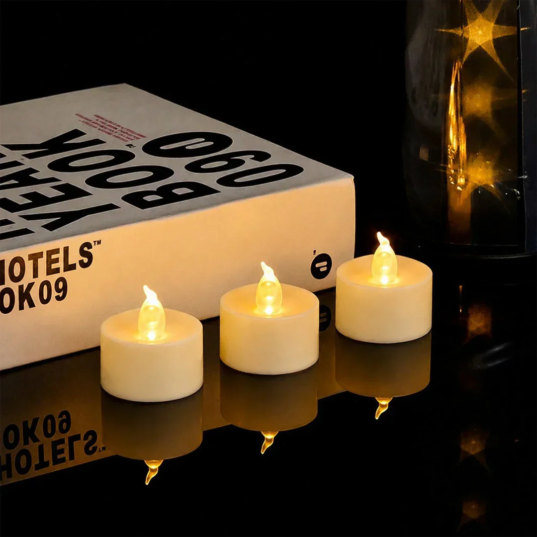Set de 100 velas LED seguras. Luz cálida crea ambiente acogedor sin riesgo de fuego.