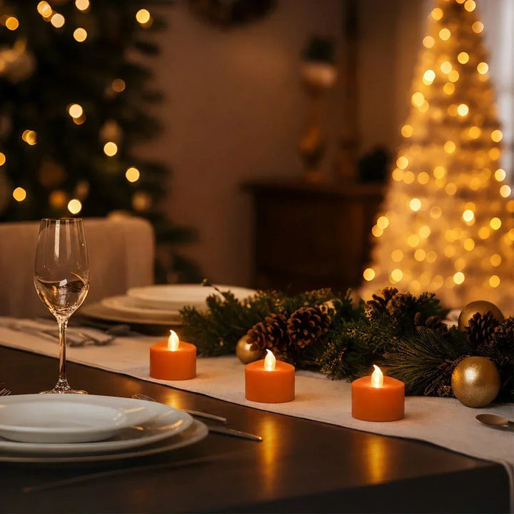 Velas electrónicas con luz cálida. Simulan la llama real para un ambiente acogedor y seguro.