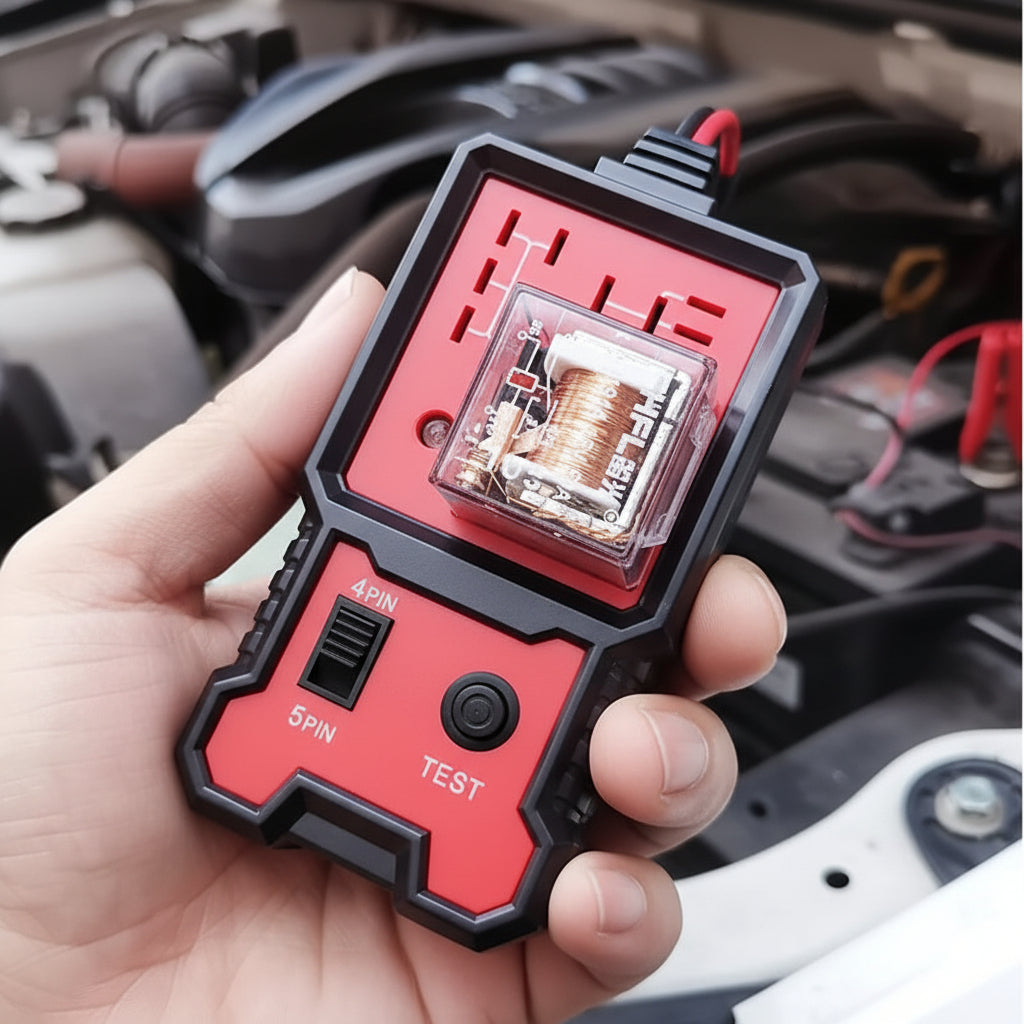 Analizador de batería 12V con función de relé y pantalla LED para mantenimiento rápido del vehículo.
