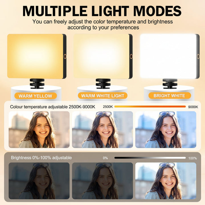Luz LED para selfies con clip universal. Accesorio esencial para smartphone, tablet o cámara.