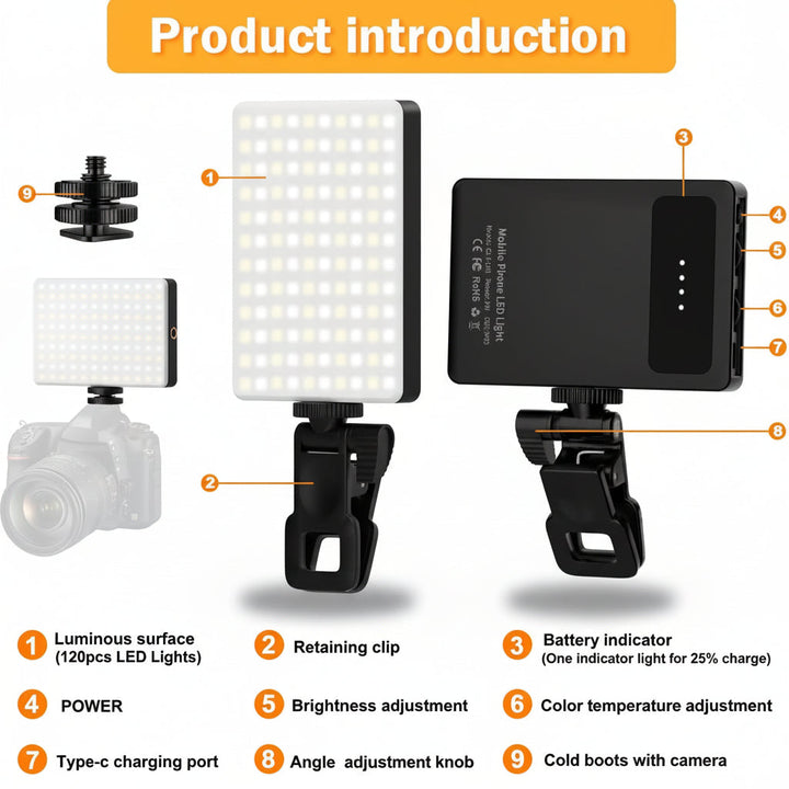 Iluminación LED ajustable con clip para selfies perfectos y videos profesionales. Mejora la calidad.
