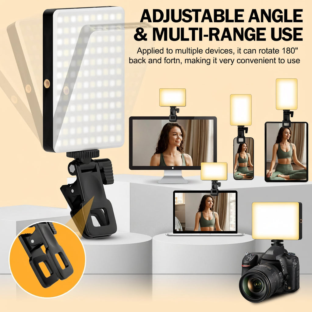 Luz LED universal con clip fácil de usar. Proporciona iluminación adicional para cualquier cámara o móvil.