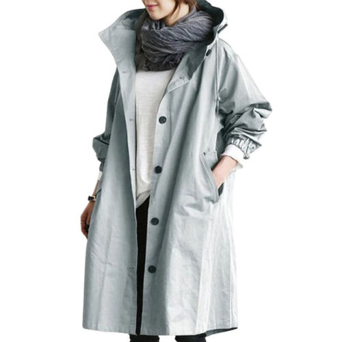Gabardina mujer, abrigo largo impermeable. Chaqueta con capucha y cuello alto, estilo casual, otoño invierno.
