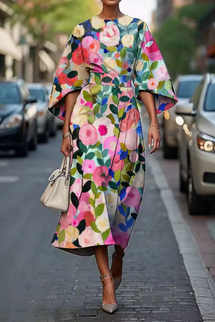 Vestido midi Moxlan para mujer con estampado de flores artísticas. Elegante y fluido, perfecto para eventos de verano.