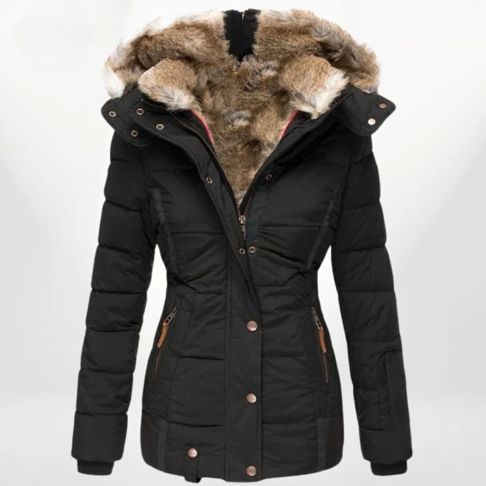 Abrigo de invierno de mujer, textura suave y cálida, moda sofisticada para el frío.