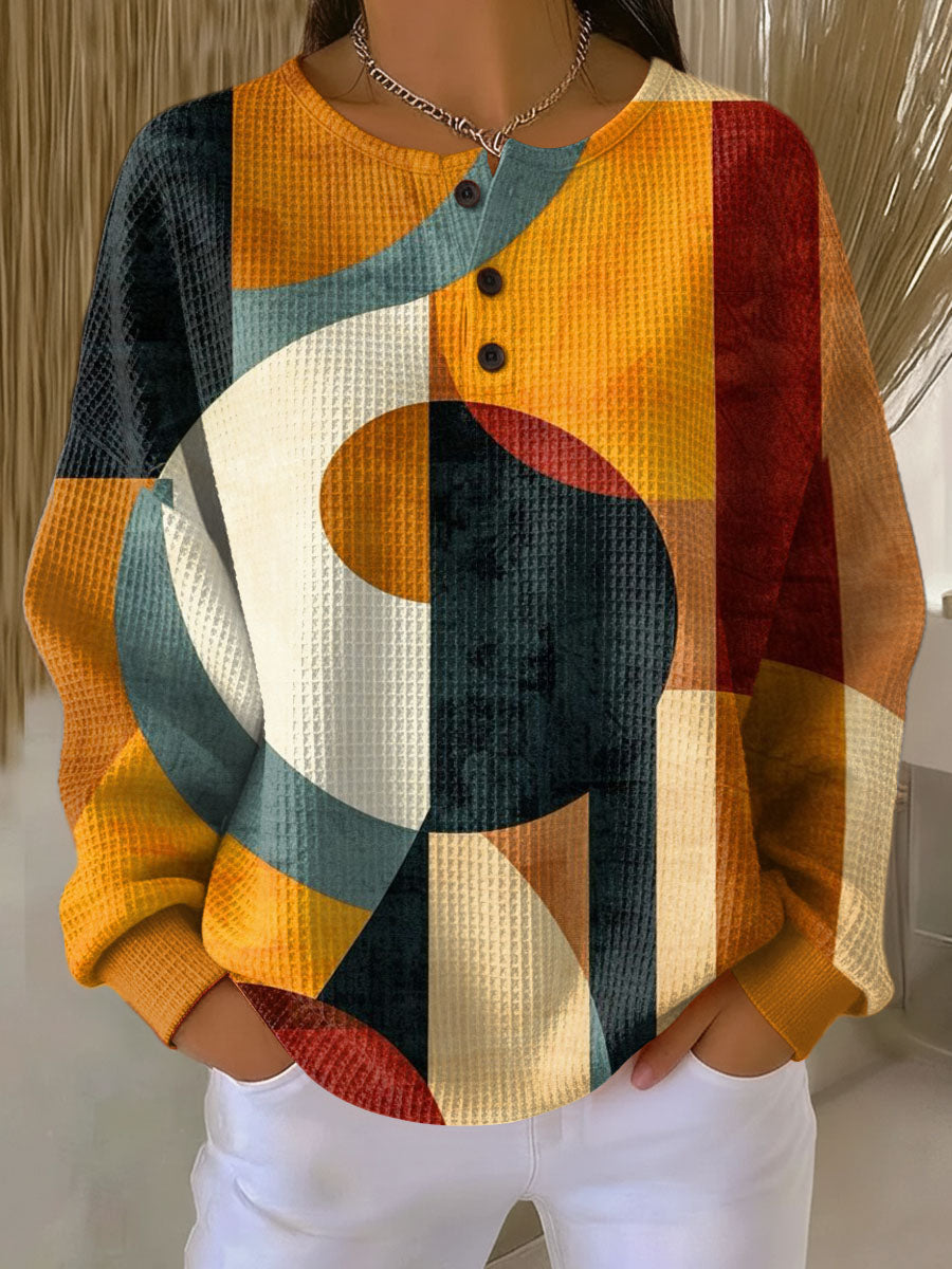 Jersey de punto mujer holgado con estampado geométrico naranja, suave y casual para invierno.