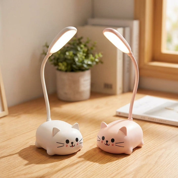 Lámpara de mesa LED de gato, recargable USB, cuello de cisne flexible para escritorio moderno.