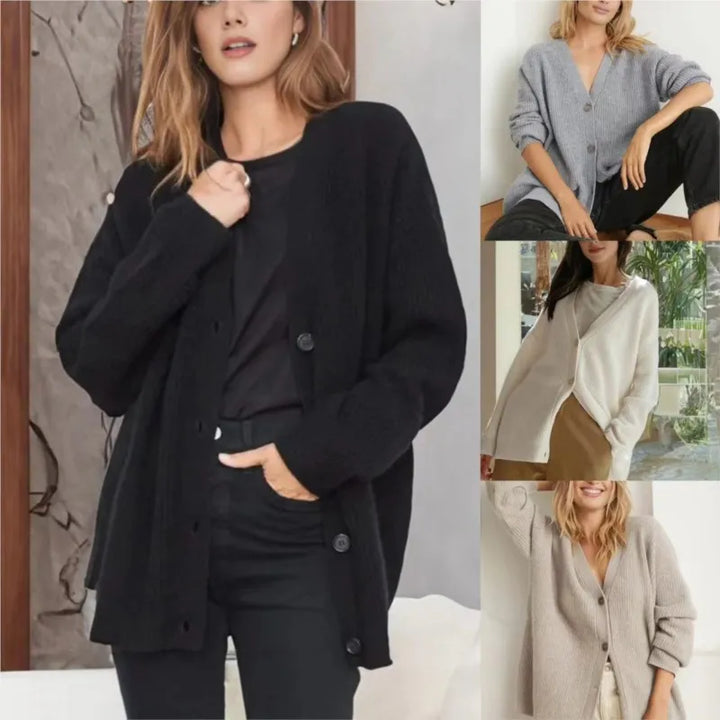 Chaqueta de punto suave con cuello V y botones frontales, moda casual para mujer.