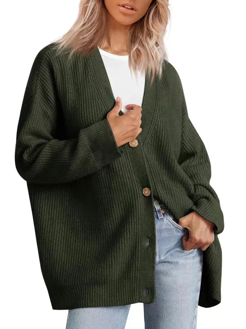 Cárdigan de mujer, tejido de punto grueso con botones, estilo moderno y confortable.