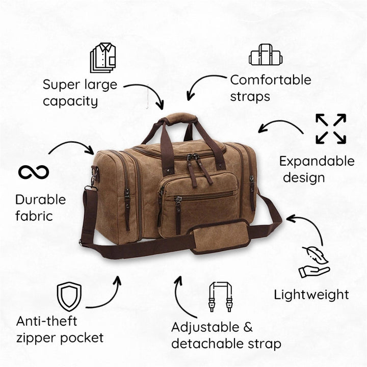 Bolsa de viaje de lona unisex, gran capacidad y expandible para máxima comodidad.