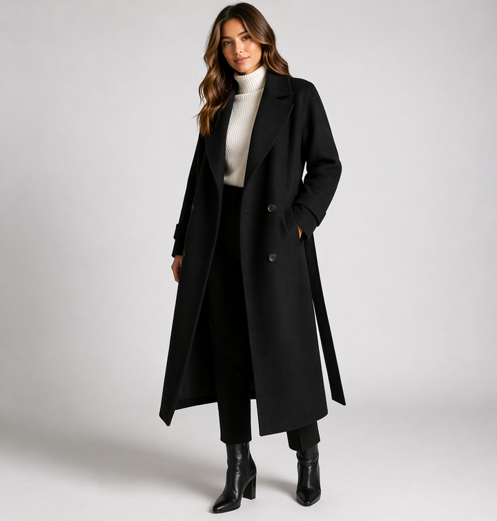 Moda femenina: Abrigo largo de lana para mujer con cinturón y botones. Estilo formal y cálido para invierno.