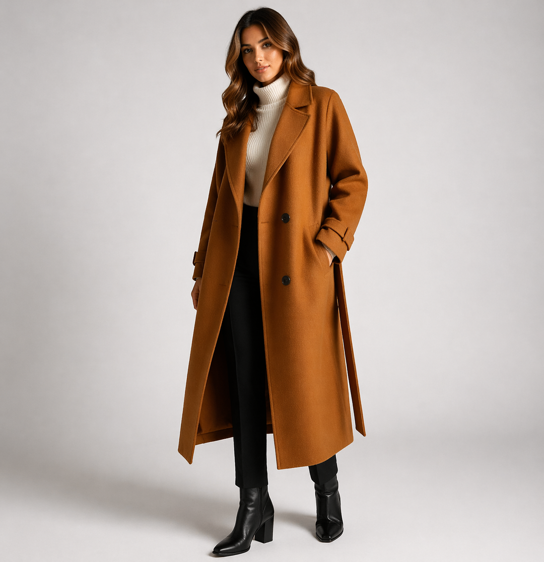 Abrigo de lana largo para mujer, textura suave, con botones distintivos y cinturón ajustado. Perfecto para eventos formales.