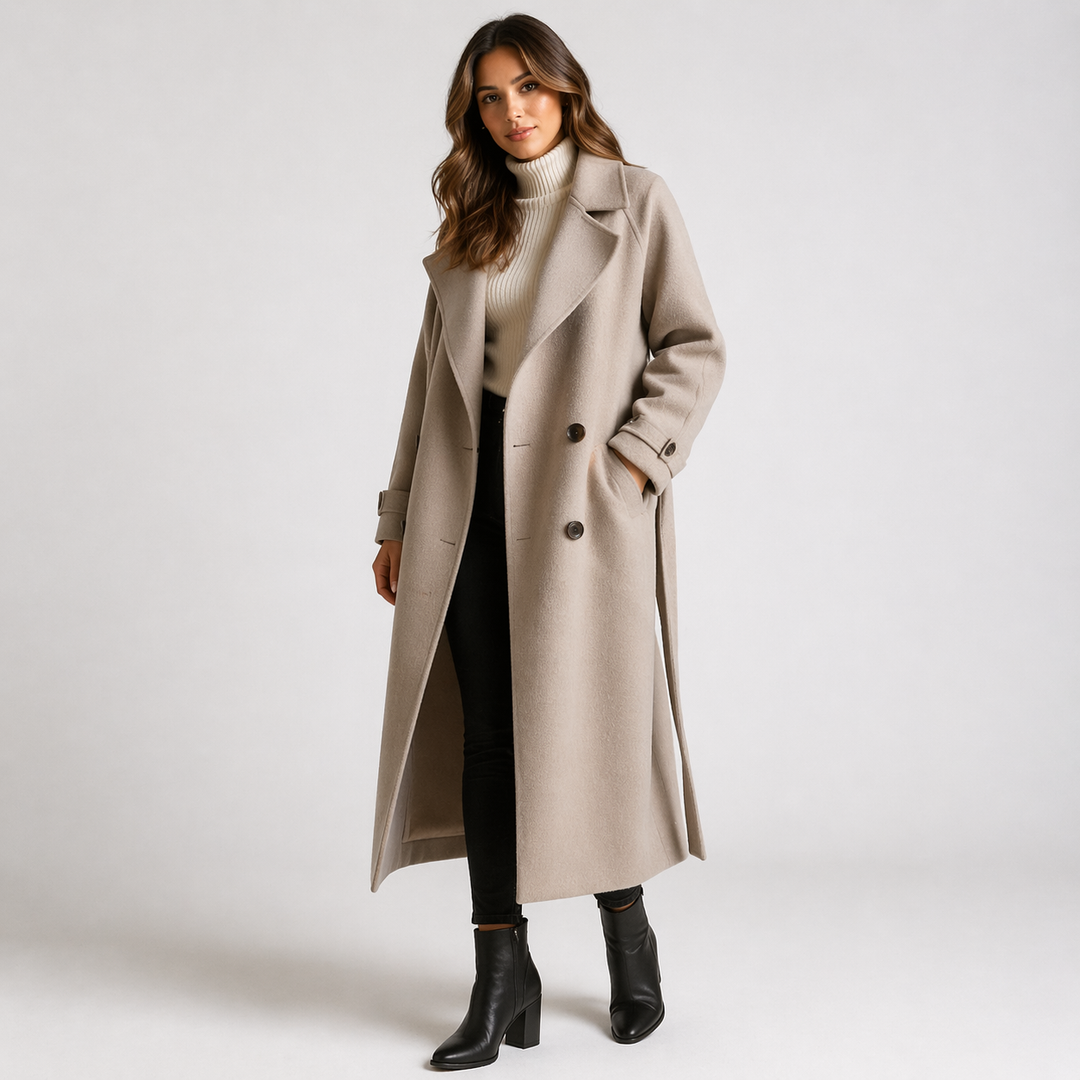 Abrigo maxi de lana para mujer, color neutro, con botones frontales y cinturón. Ideal para invierno elegante.