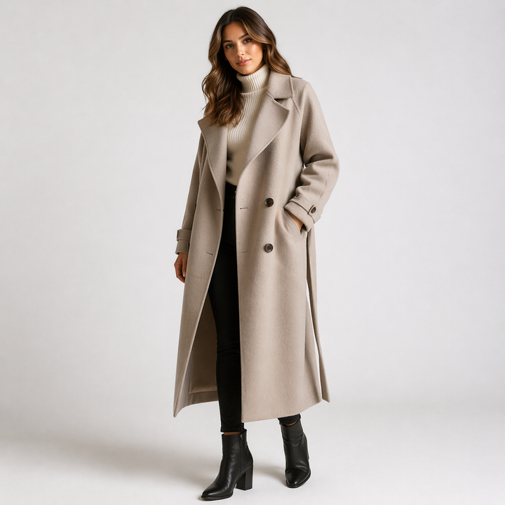Abrigo maxi de lana para mujer, color neutro, con botones frontales y cinturón. Ideal para invierno elegante.