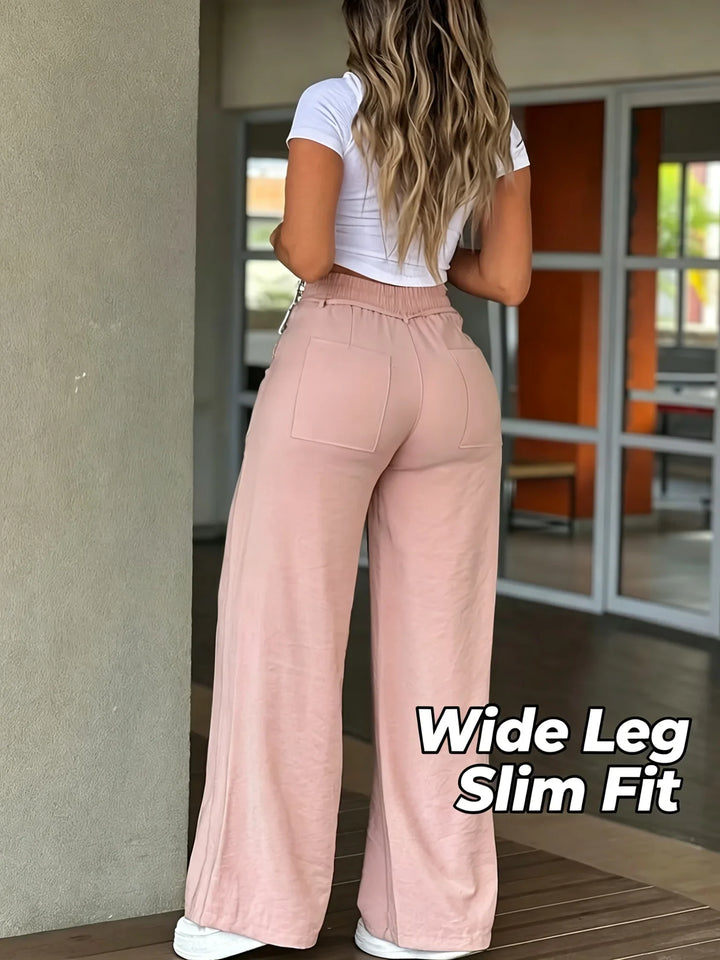Pantalones elegantes de mujer, pierna ancha, tiro alto, perfectos para outfits de moda femenina.