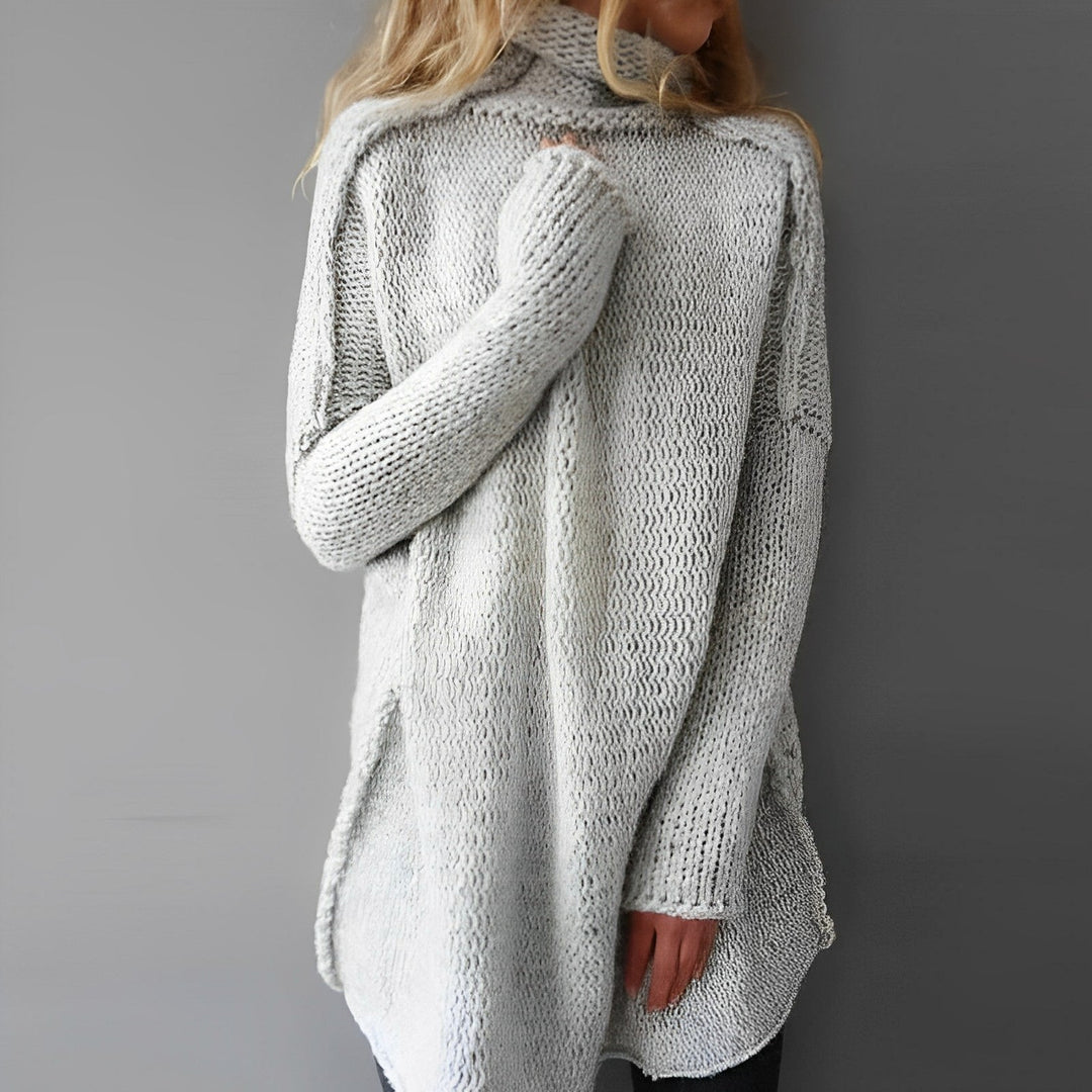Jersey largo de punto cálido gris para mujer, suave y elegante, perfecto para invierno casual.