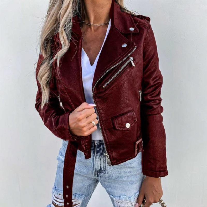 Chaqueta de mujer con solapa para un estilo formal o casual. Blazer elegante, ideal para toda temporada. Negro/vinotinto.
