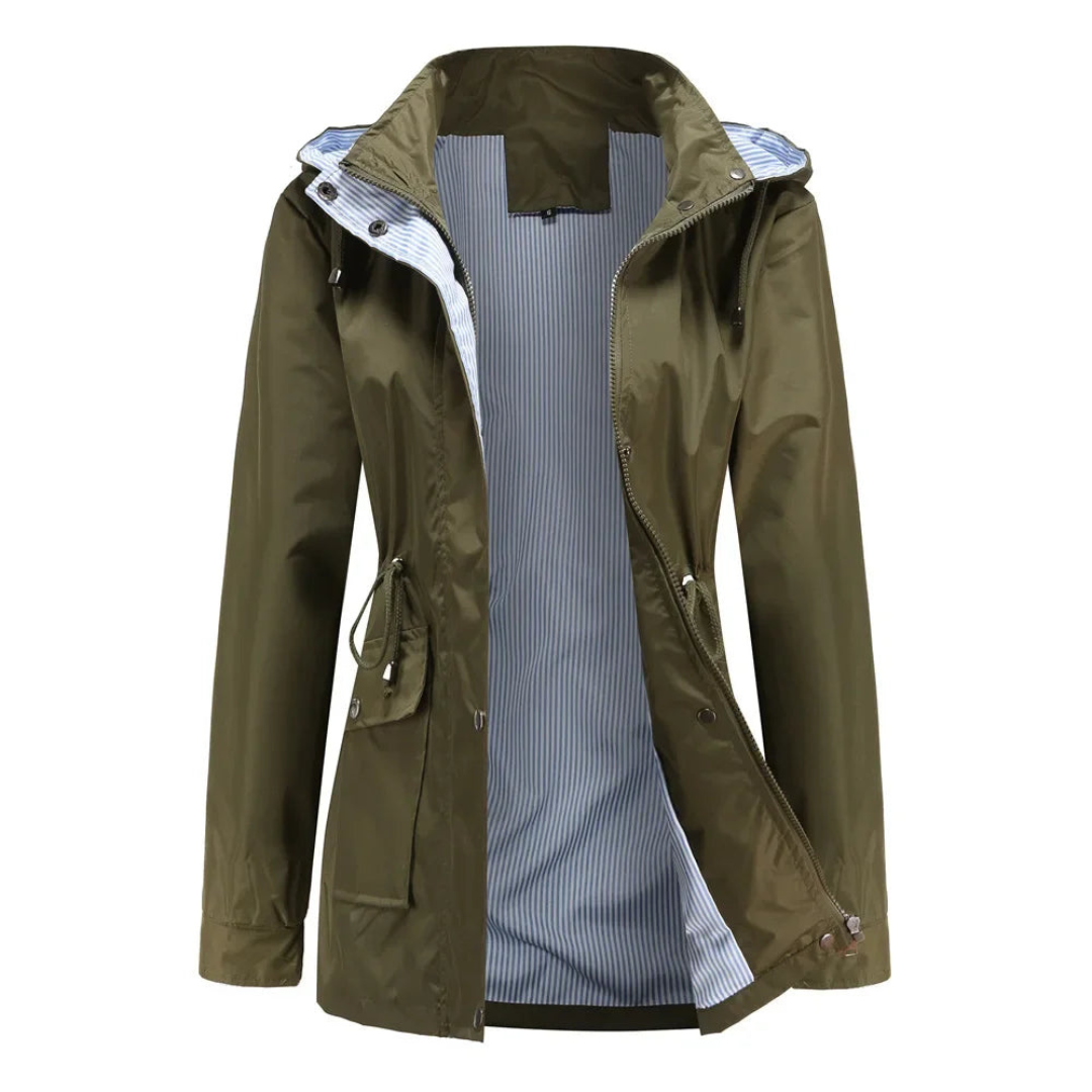 Gabardina impermeable de mujer con capucha desmontable, ideal para lluvia y estilo urbano. Protección y moda femenina.