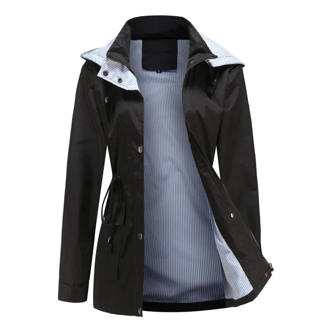 Primer plano del tejido impermeable de gabardina de mujer. Alta calidad para protección contra la lluvia con estilo. Abrigo.