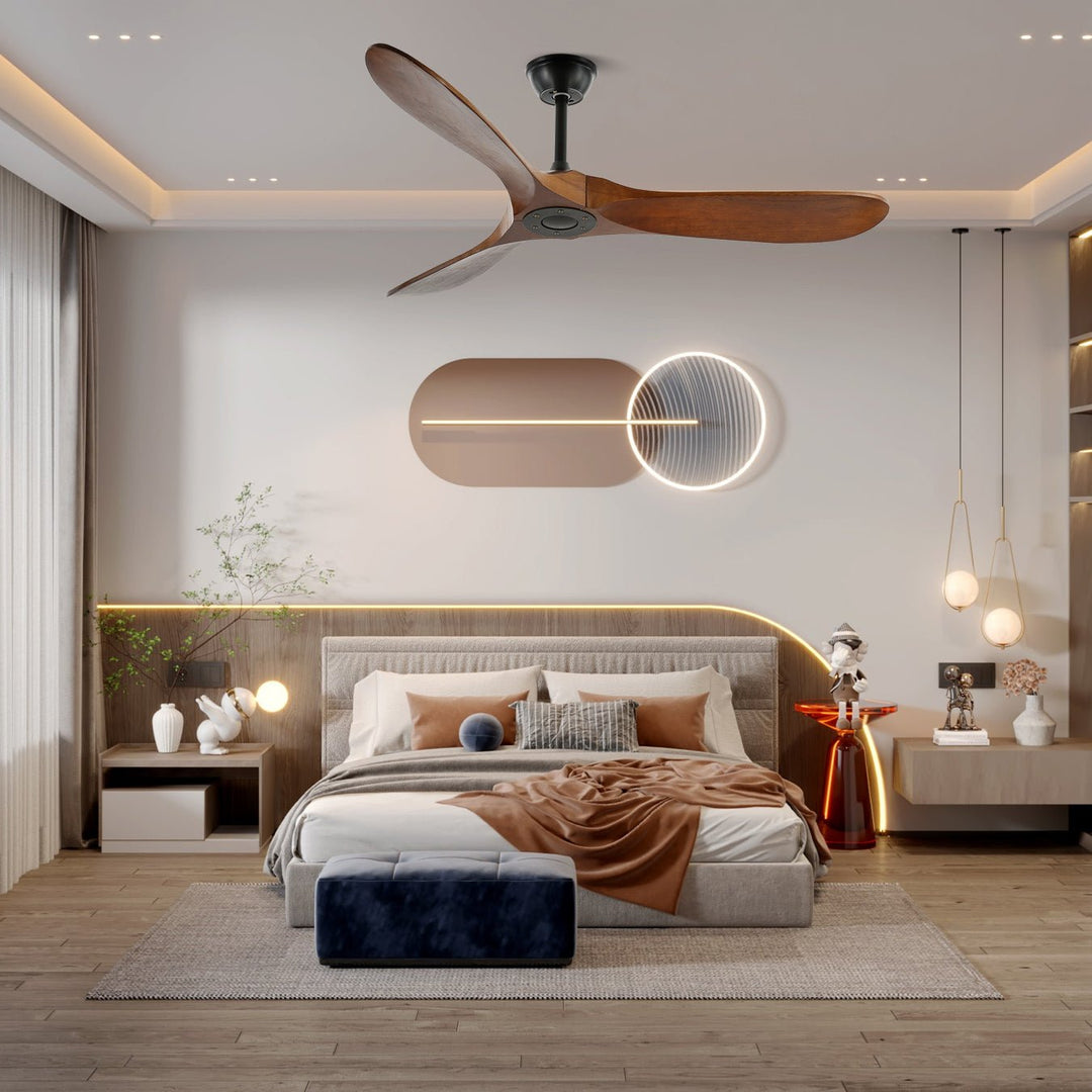 Ventilador de techo silencioso para sala, nogal, 6 velocidades para confort óptimo.