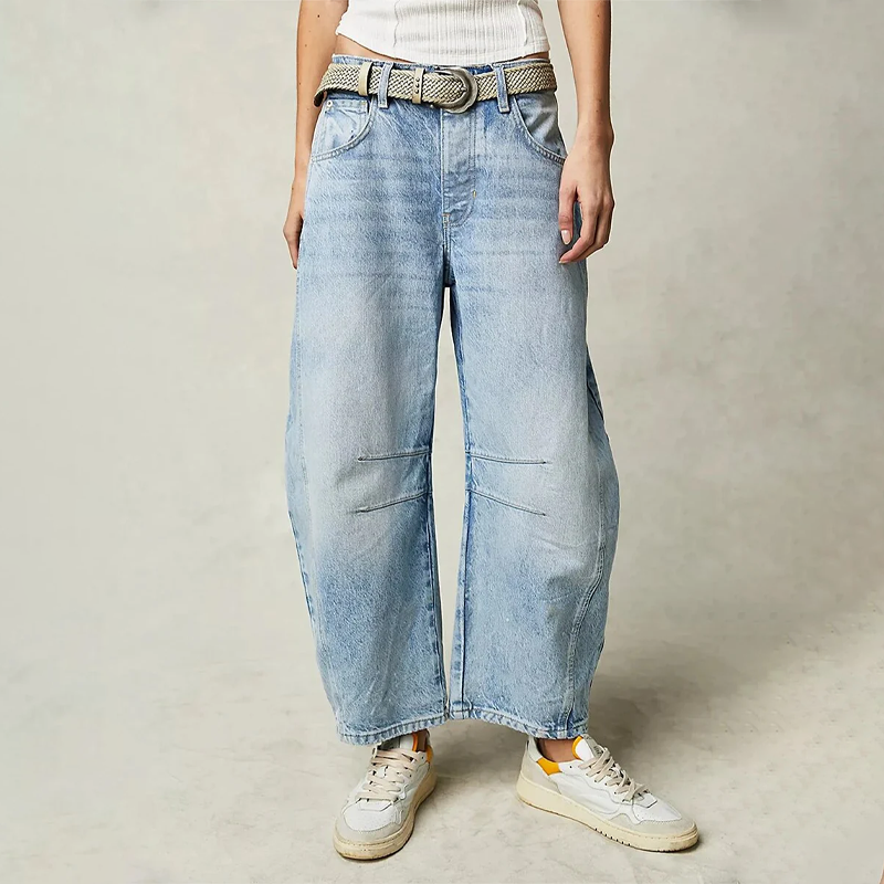 Jeans anchos y cómodos para mujer, color azul oscuro, estilo fluido y moderno de cintura alta.