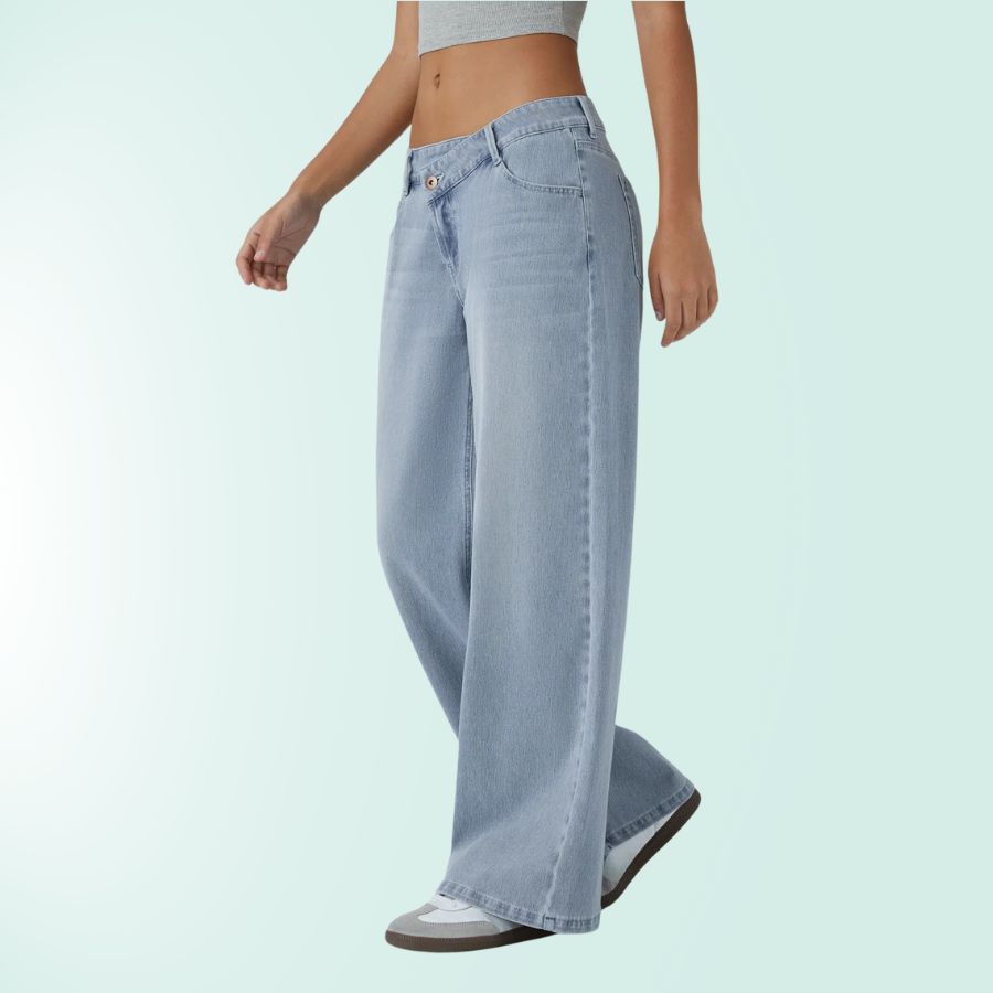 Estilo casual con vaqueros mujer tiro bajo asimétrico. Elásticos para comodidad diaria.