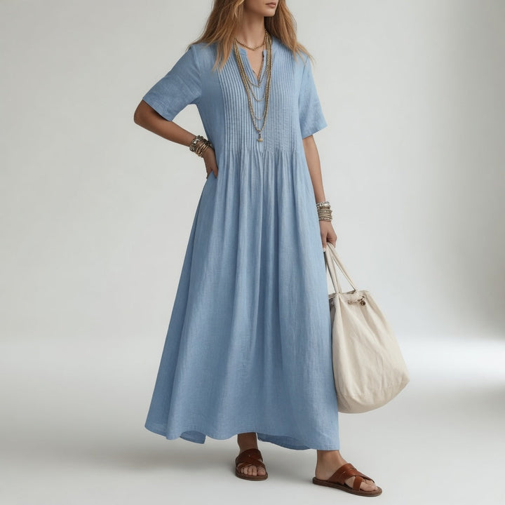 Vestido de verano de algodón cómodo y fresco para mujer. Diseño largo con cuello en V, ideal para el día a día.