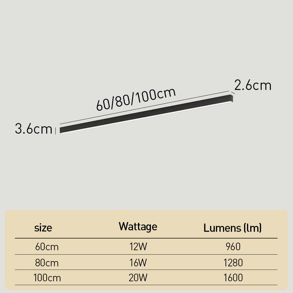 Luz LED lineal de techo, 3 colores. Colgante o empotrada, ideal para cualquier diseño interior moderno.