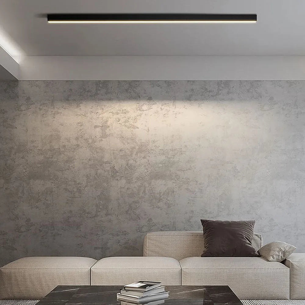 Iluminación LED lineal de techo, 3 tonos. Diseño moderno, empotrada o colgante, para oficina y hogar.