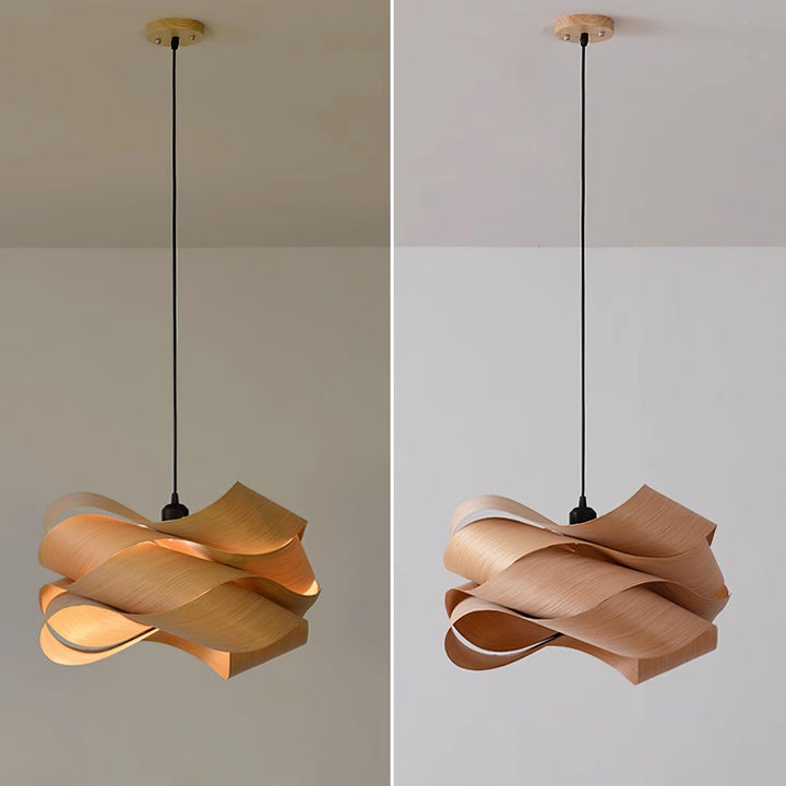 Lámpara de madera moderna, ideal para decoración de comedor, realza el espacio.
