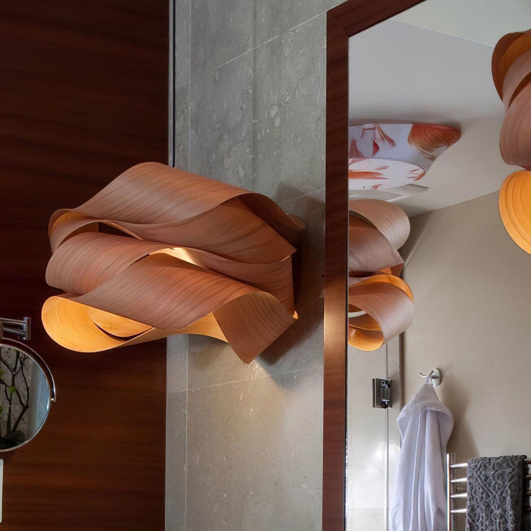 Luz ambiental colgante de madera natural para dormitorio, estilo escandinavo.
