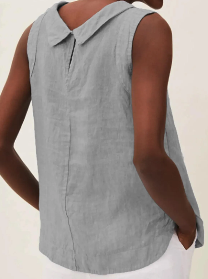 Blusa de lino puro para mujer, manga corta y cuello redondo. Elegancia casual para primavera-verano.
