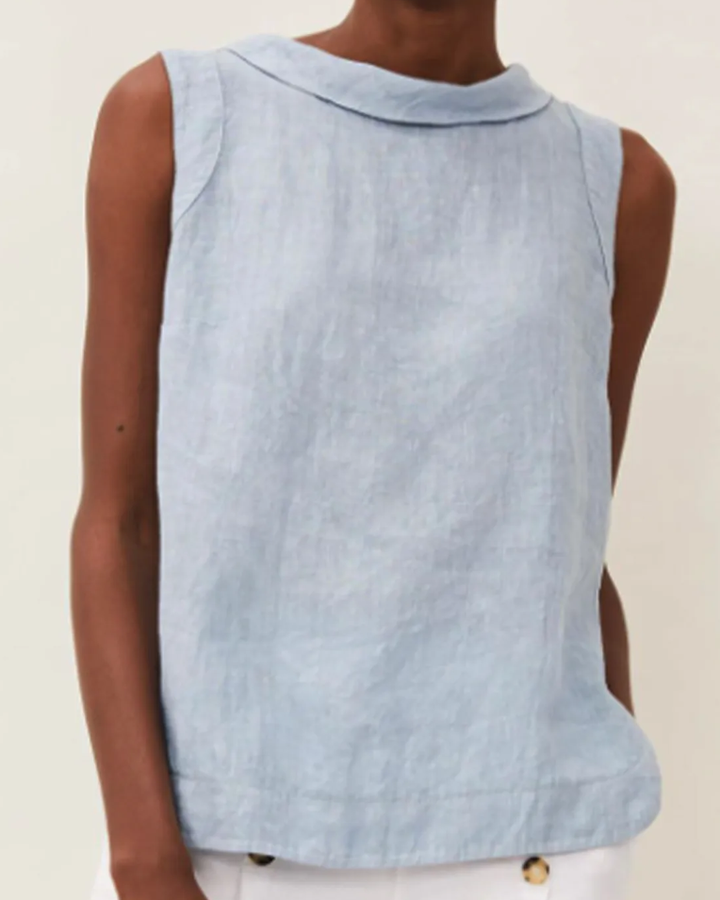 Blusa de lino para mujer, manga corta y cuello redondo. Perfecta para outfits casuales o semi-elegantes.