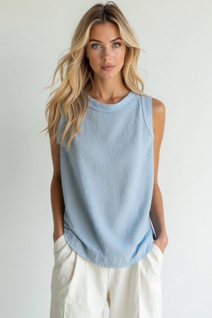 Blusa de lino blanca para mujer, manga corta, cuello redondo. Ideal para verano y primavera.