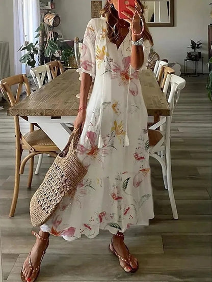 Vestido maxi bohemio elegante para mujer, fluido y cómodo, ideal para la playa de verano.