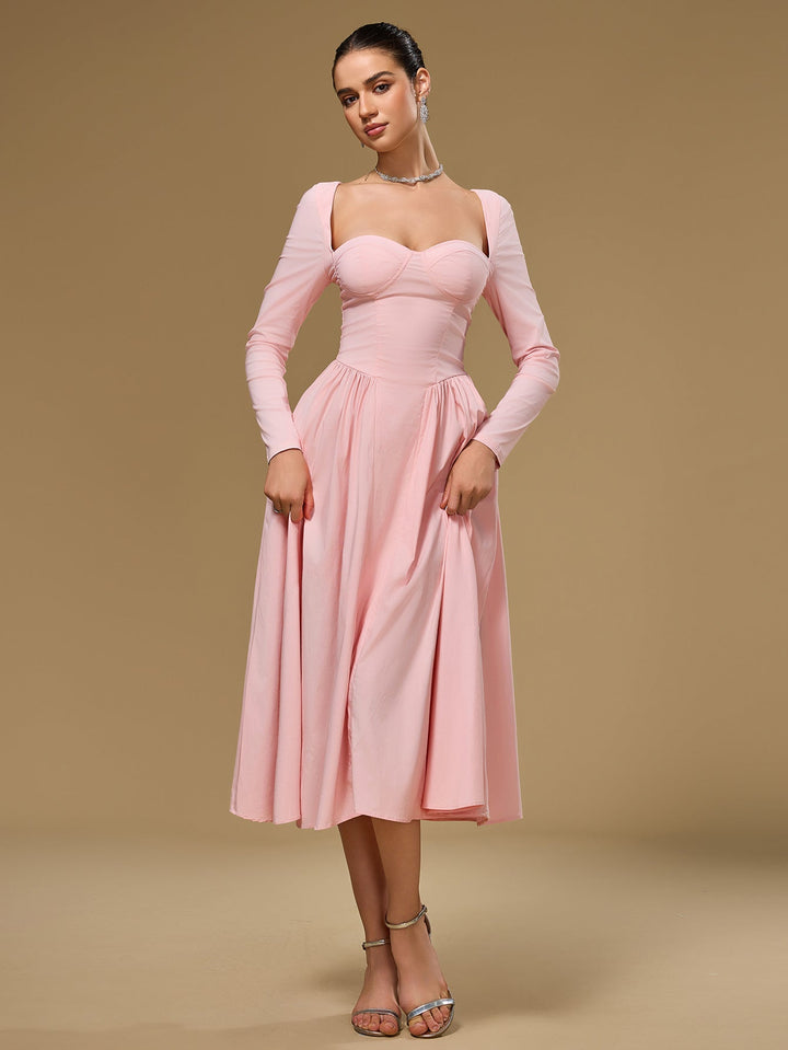 Vestido elegante de línea A con lazo trasero y mangas largas. Versión renovada.