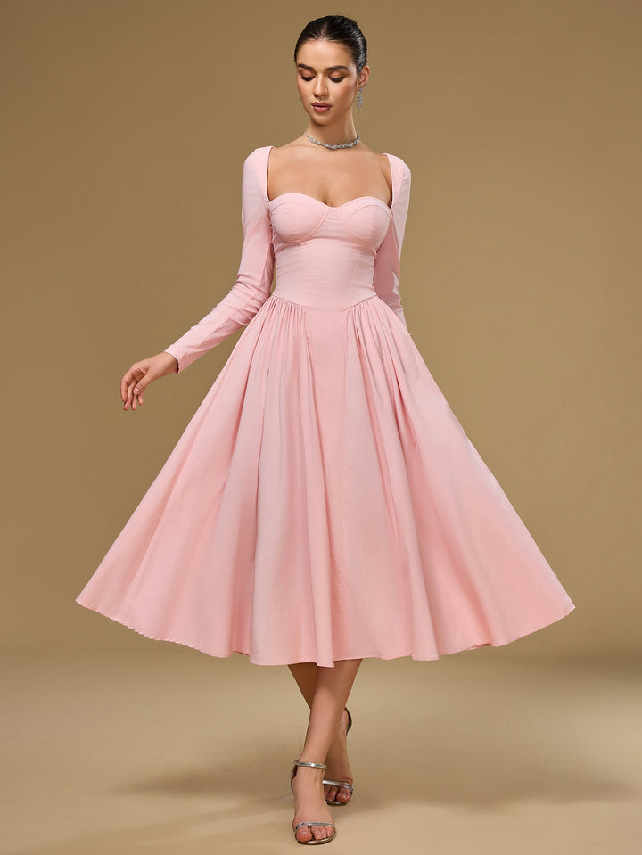 Vestido versátil mujer, línea A, manga larga, lazo espalda; moda que inspira.