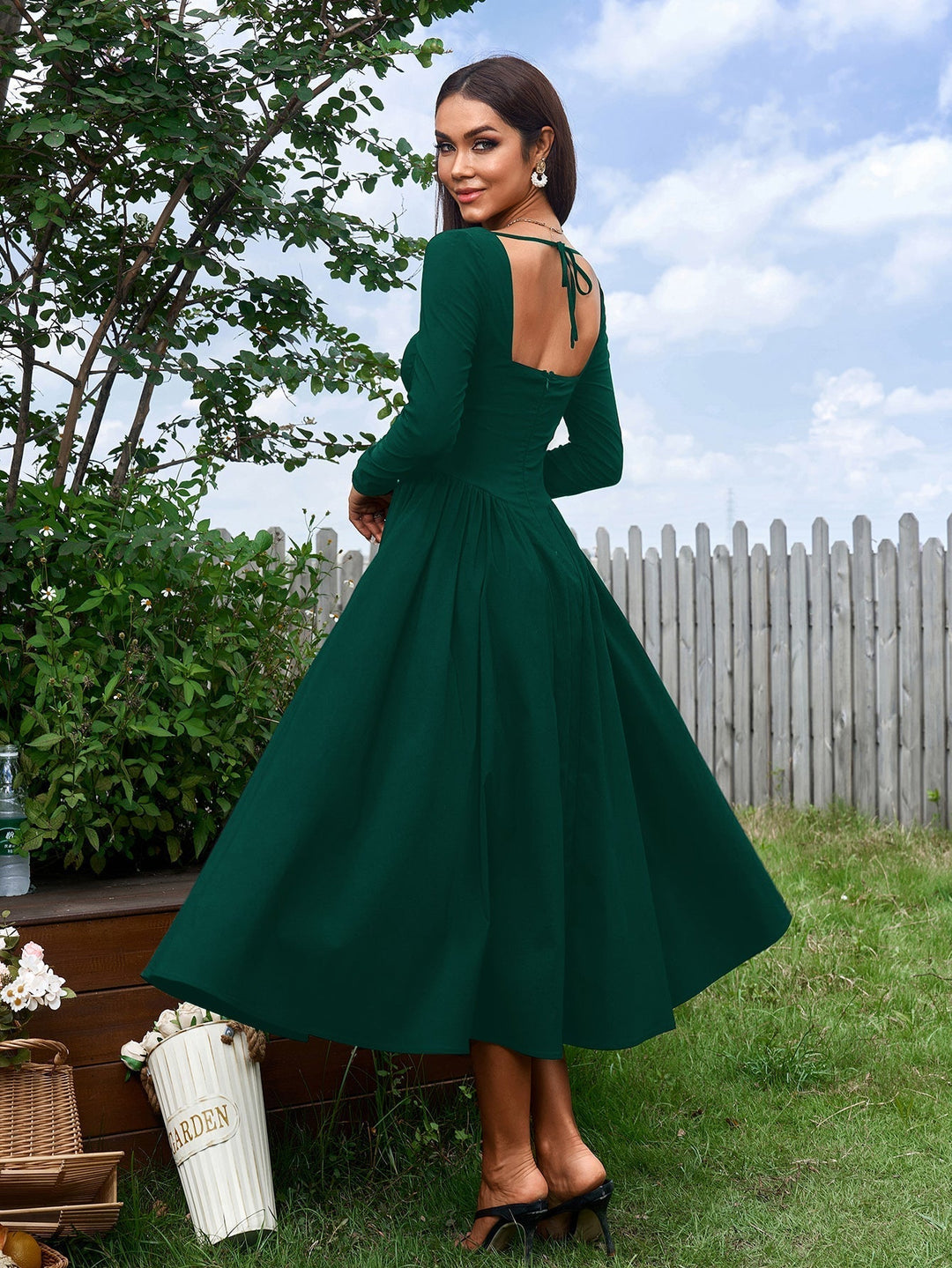 Vestido línea A para mujer, cómodo y con estilo, manga larga y lazo trasero.